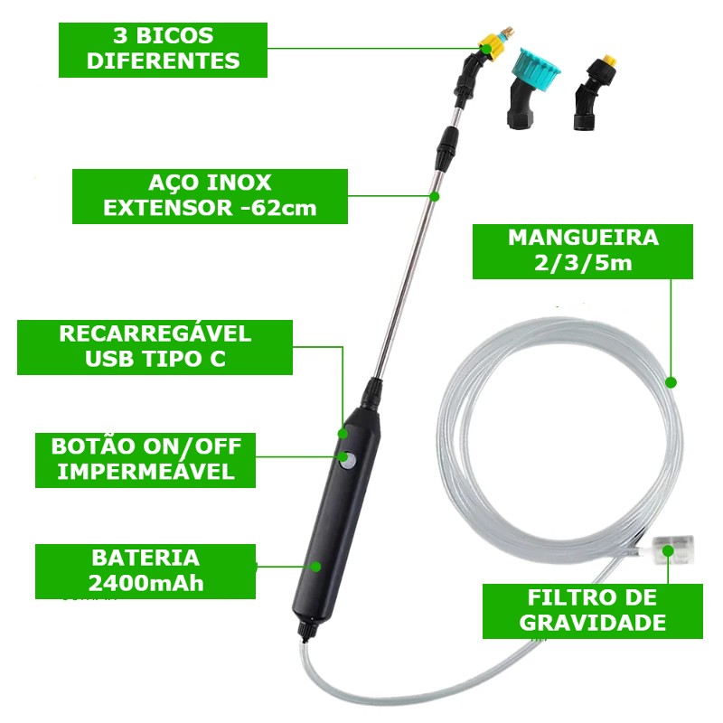 Pulverizador de Água Elétrico Portátil 2/3/5m - 2400mAh