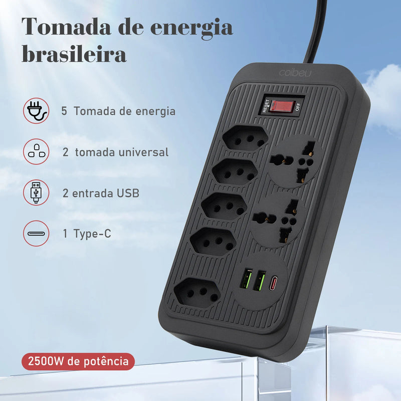 Filtro de Linha Universal - Tomadas 2P+T, Mundial, USB e Tipo C