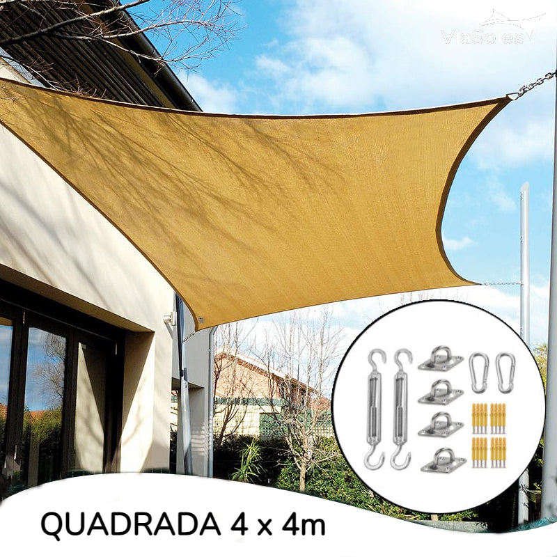 Tela de Sombreamento Decorativa Quadrada - 4x4m + Kit de Instalação